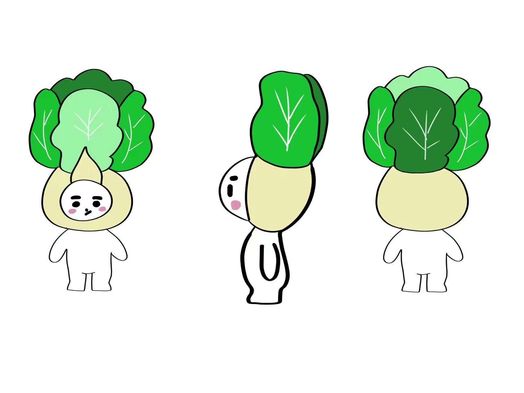 Bok choy plush toy design sketch with front, side, and back views