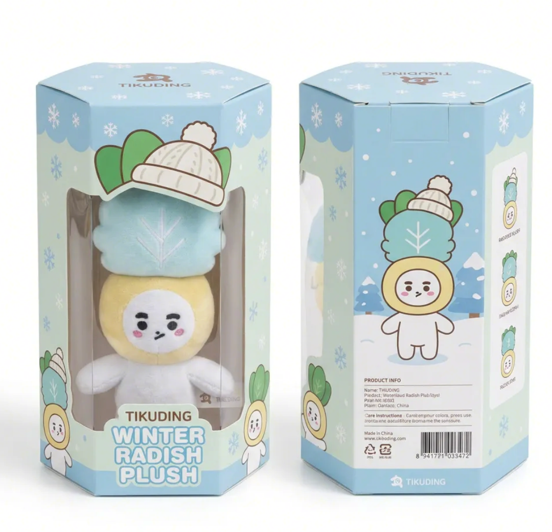 Packaged plush toy with front and back retail box views